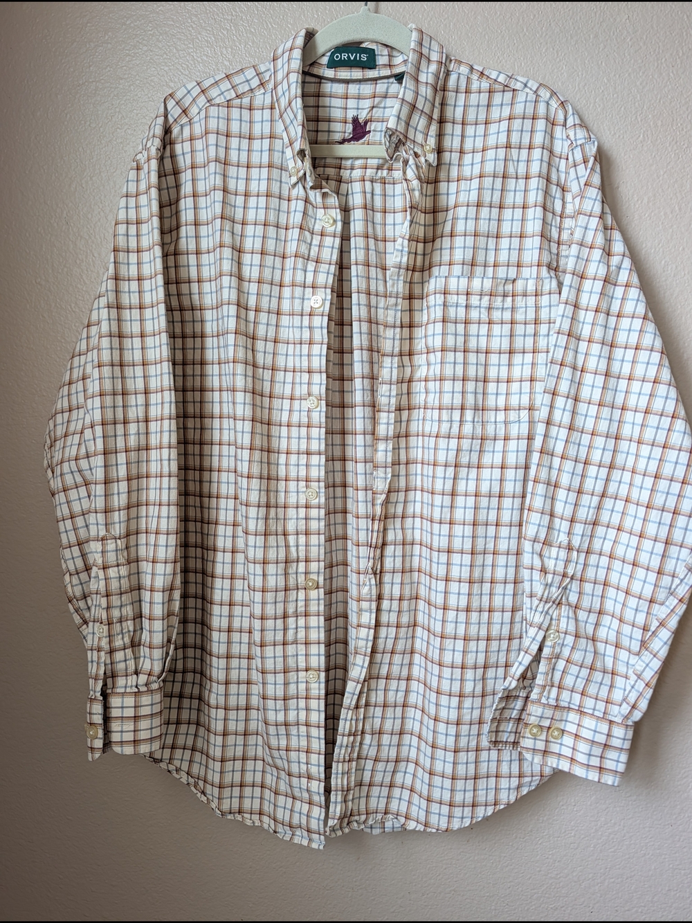 Orvis Country Twill Men's L Plaid Button Down Shirt 100% Cotton Bird Logo